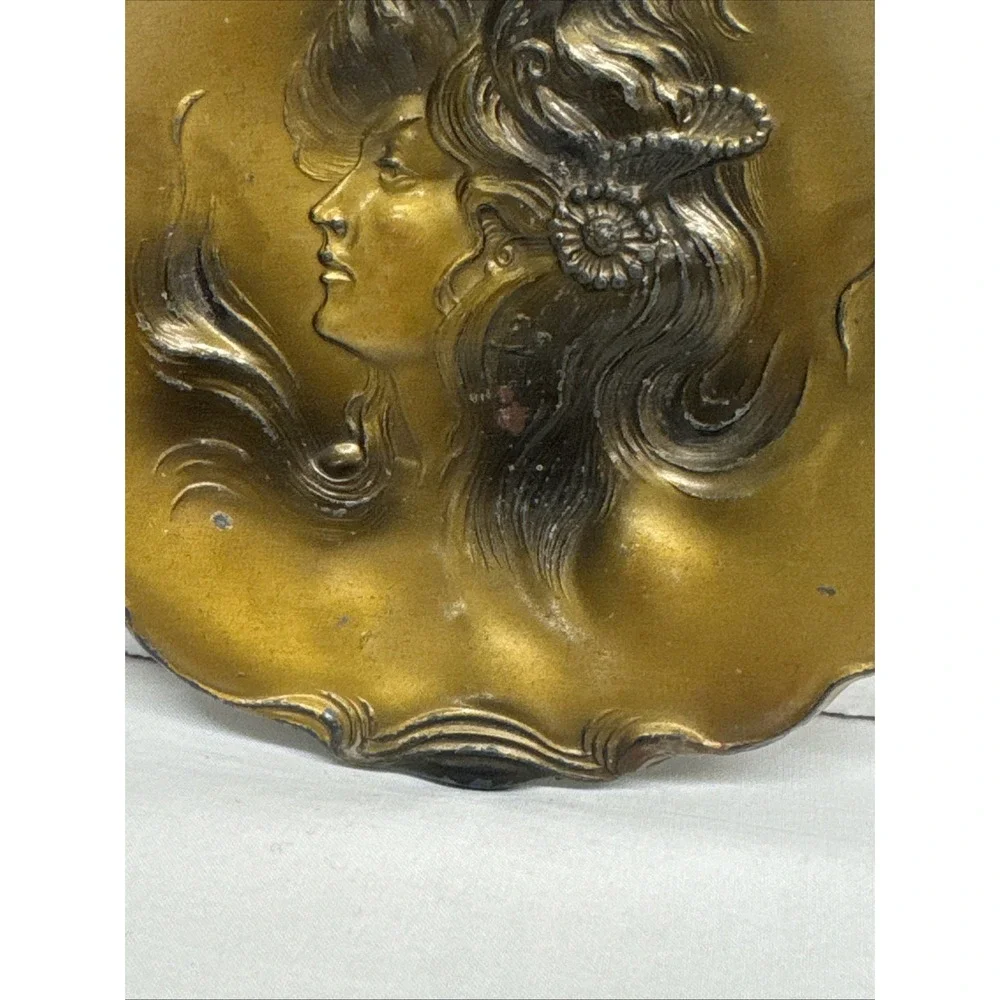Vintage Art Nouveau Female Portrait Metal Trinket Jewelry Bronze Dish Tray 5